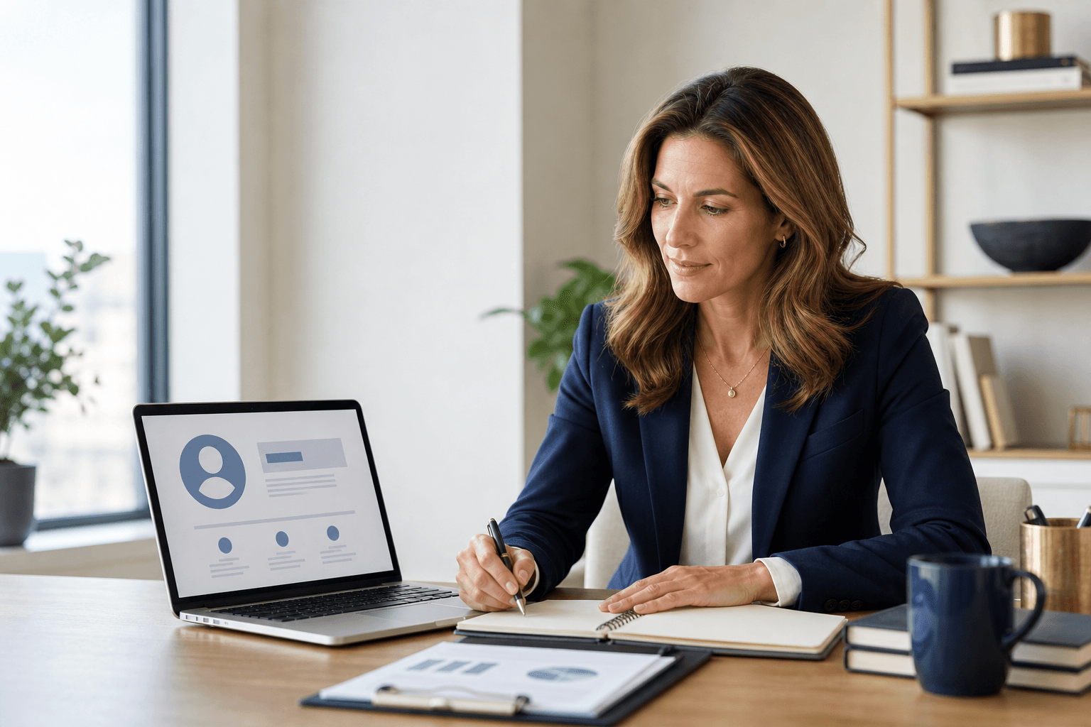 Professional woman refining her personal brand at a laptop